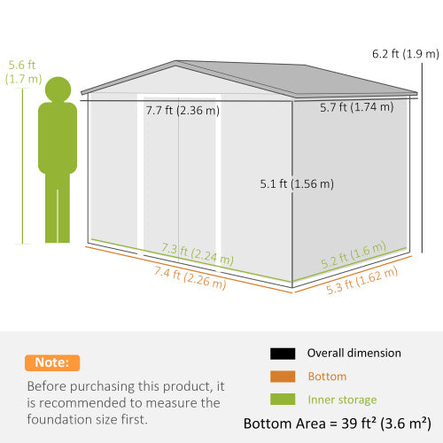 Outsunny 7.7 X 5.7ft Metal Garden Shed, Galvanised Outdoor Tool Storage House With Ventilation Slots And Sliding Doors, Grey