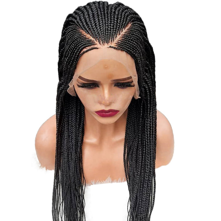 13x6 Braided Lace Front Wig medium-long three black braids on mannequin