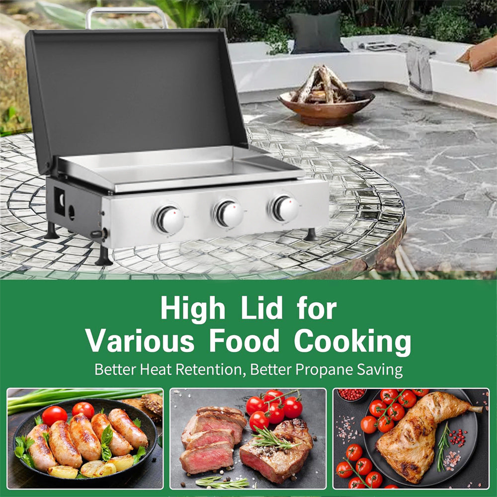 3Burner Propane Gas Grill And SS Plancha 2in1 BBQ & Griddle, Cast Iron Grate, Enamel Body, Compatible With 16oz Camping Tanks & 20lbs Backyard Tanks, 601 Sq.In Total Cooking Area