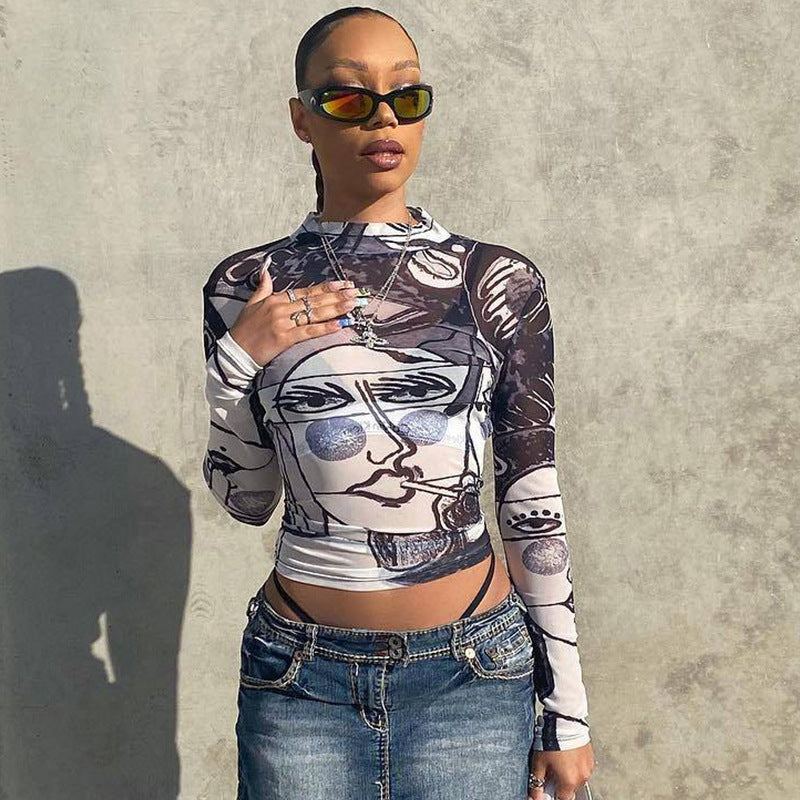 Sheer Mesh Round Neck Long Sleeve Slim-fit Top