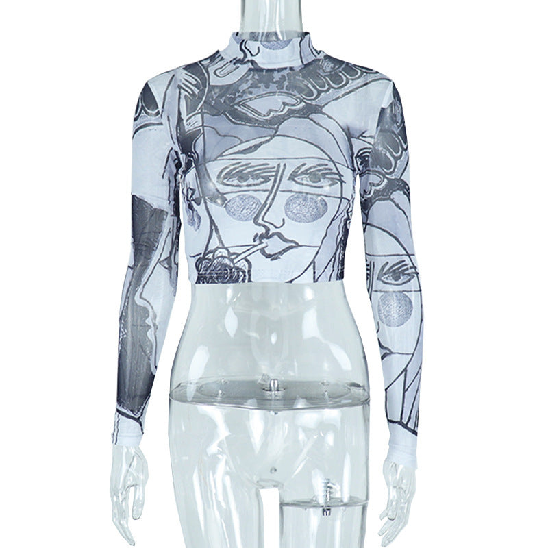 Sheer Mesh Round Neck Long Sleeve Slim-fit Top