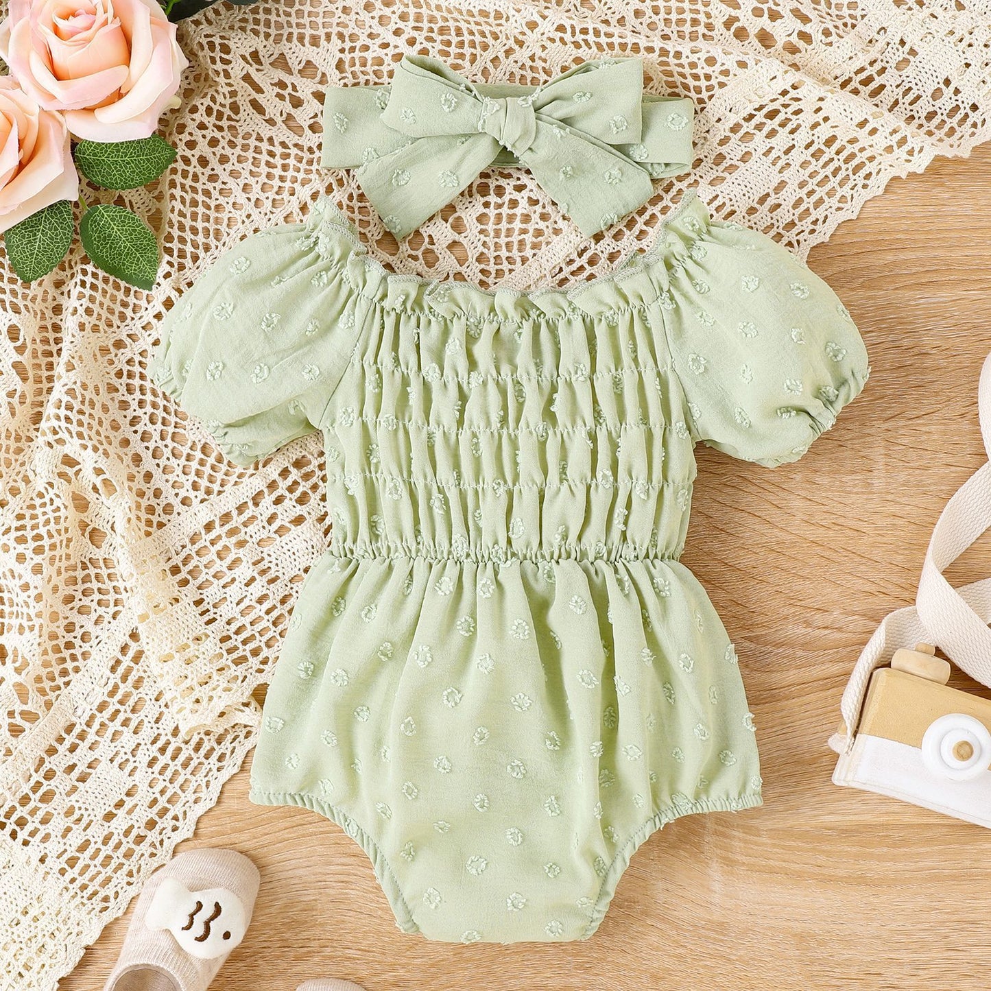 Baby Girl Puff Short Sleeve Rompers Jumpsuit Bow Suit