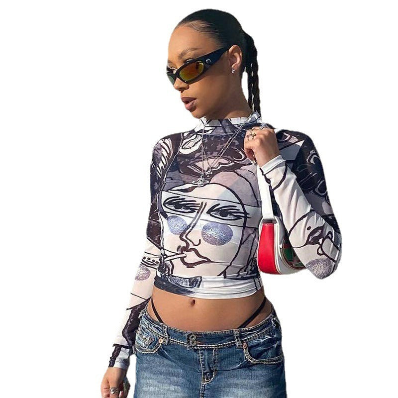 Sheer Mesh Round Neck Long Sleeve Slim-fit Top