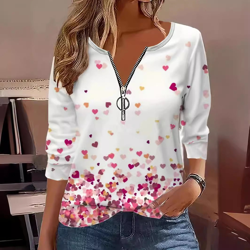 Digital Printing Love Round Neck Zipper T-shirt