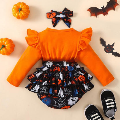 Halloween Flounced Sleeve Two-piece Round Neck Long-sleeved Triangle Romper