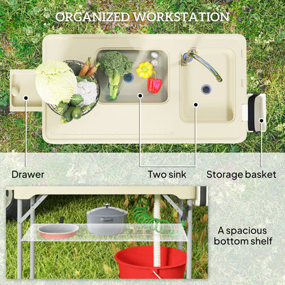 Folding Fish Cleaning Table With Sinks, Portable Camping Sink Table With Faucet, Drainage Hose, Sprayer, Shelf, Drawer And Storage Basket, Outdoor Fillet Table For Picnic Beach Patio, Tan