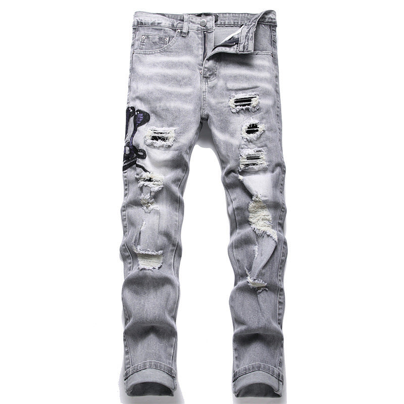 Gray Cobra Embroidered Jeans