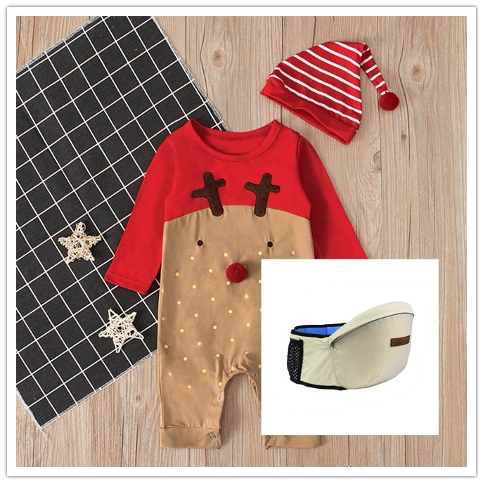 Christmas Deer Romper with holiday decorations around