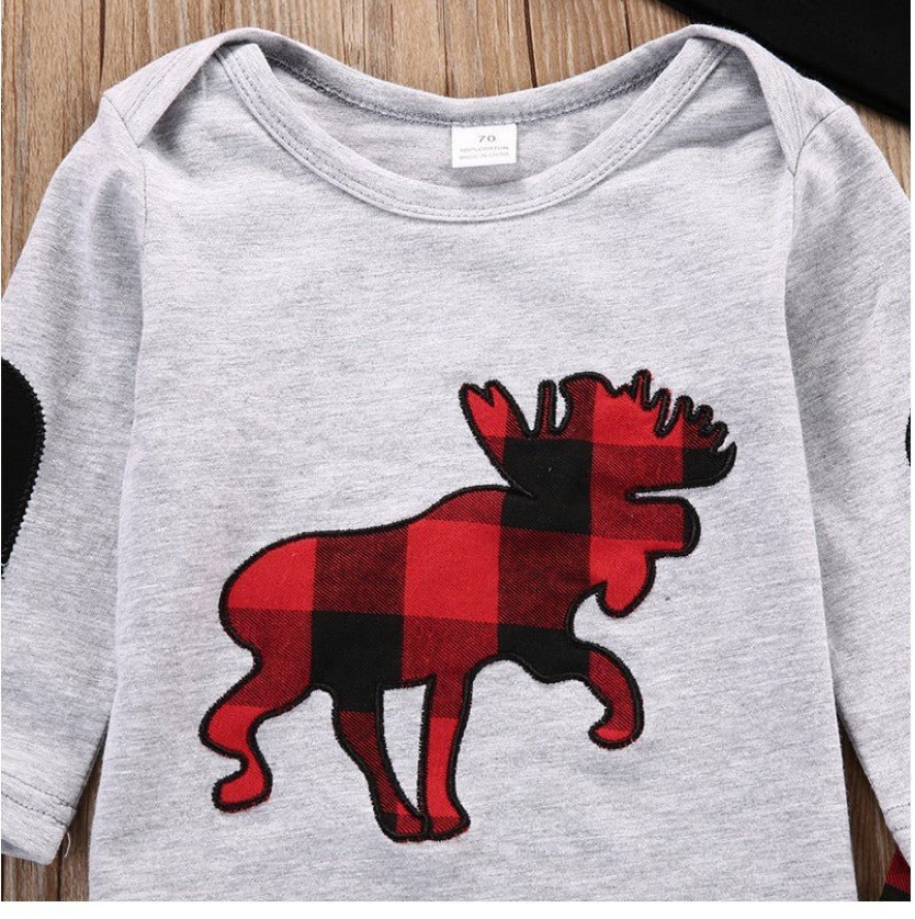 Plaid Moose Hat   T-shirt  Pants 3pcs Baby Outfit Set