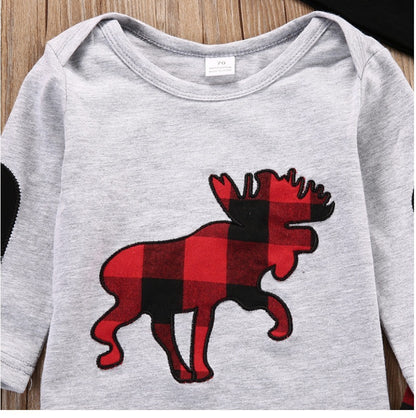 Plaid Moose Hat   T-shirt  Pants 3pcs Baby Outfit Set
