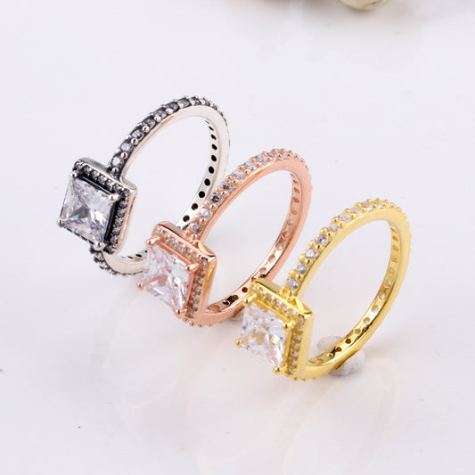 White Copper Ring Female Panjia Square Zircon  Personality Creative Style