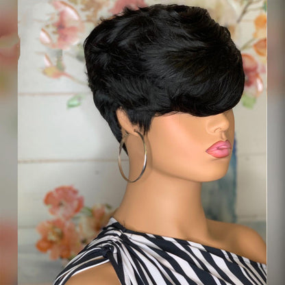 Chemical Fiber Hair, Black Oblique Bangs, Short Hair, Fluffy Short Straight Hair, Short Wig Headgear