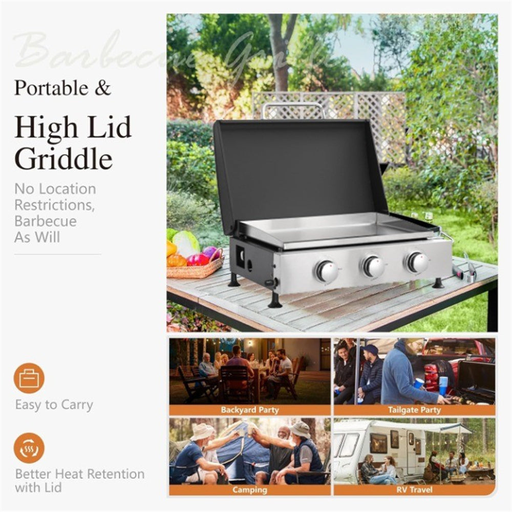 3Burner Propane Gas Grill And SS Plancha  2in1 BBQ & Griddle, Cast Iron Grate, Enamel Body, Compatible With 16oz Camping Tanks & 20lbs Backyard Tanks, 601 Sq.In Total Cooking Area