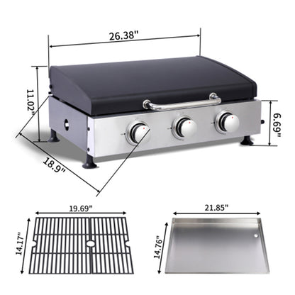 3Burner Propane Gas Grill And SS Plancha  2in1 BBQ & Griddle, Cast Iron Grate, Enamel Body, Compatible With 16oz Camping Tanks & 20lbs Backyard Tanks, 601 Sq.In Total Cooking Area