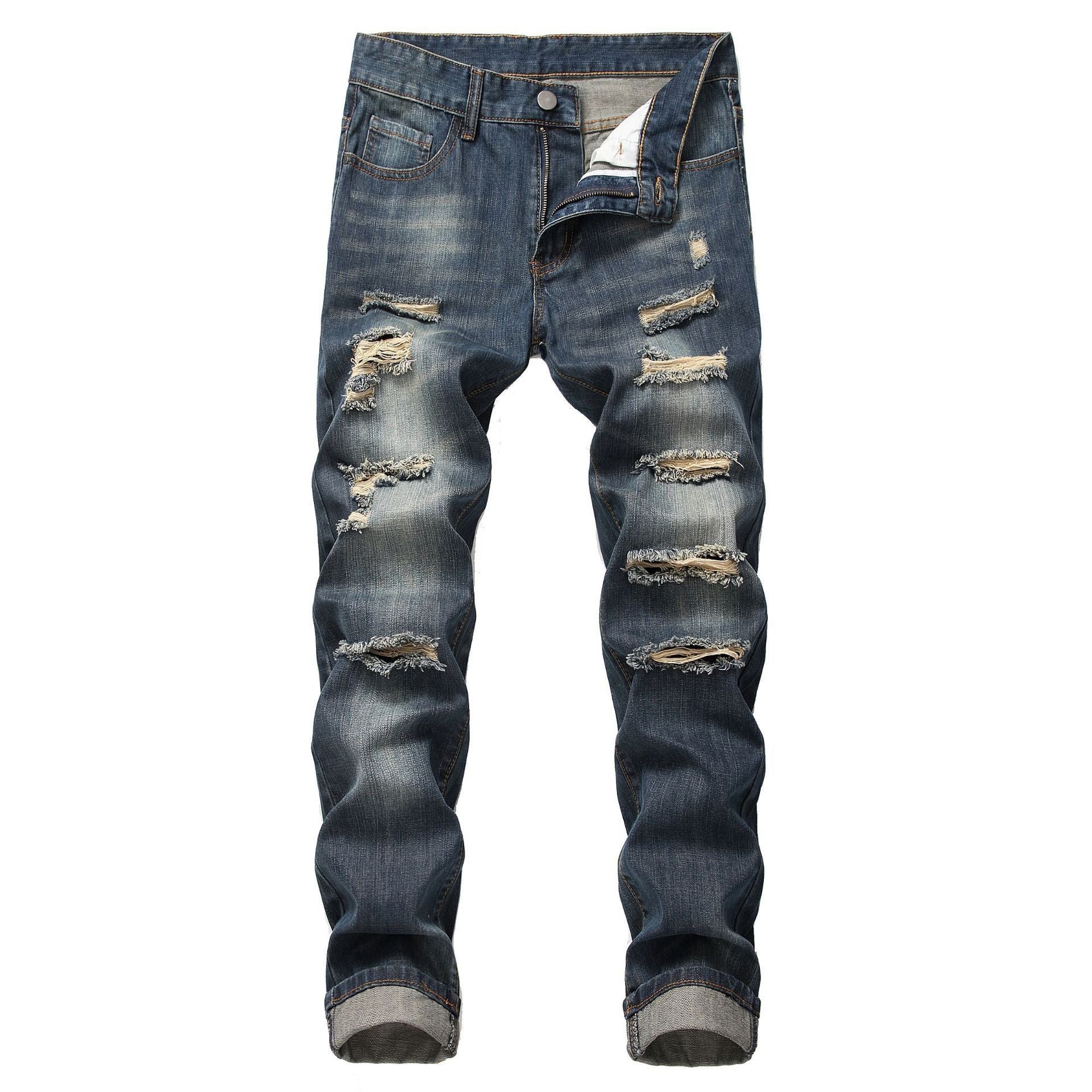 Ripped Straight Slim Fit Non-stretch Jeans