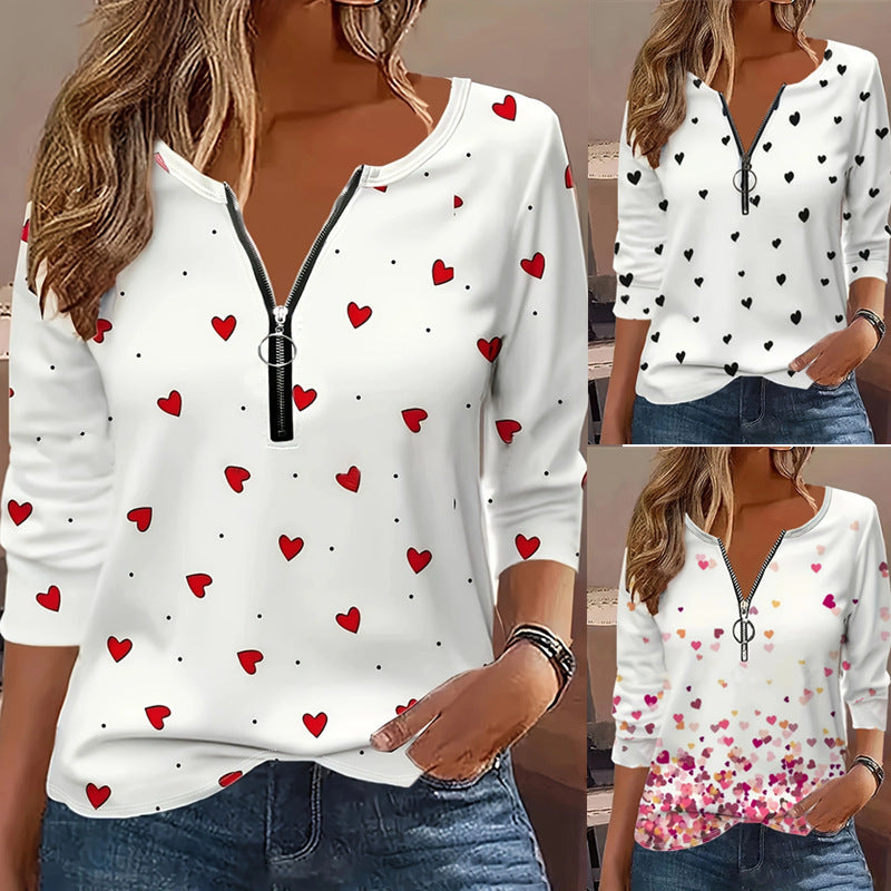 Digital Printing Love Round Neck Zipper T-shirt