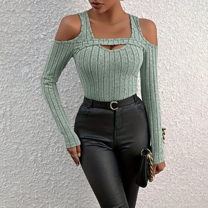 Women's Ribbed Long Sleeve Top Cut Out Front Detail Fitted Sexy Tee Casual Dressy T-Shirt Tops
