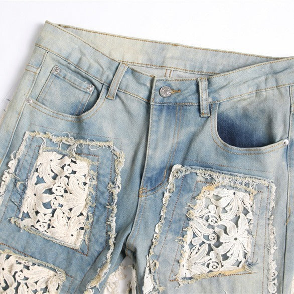 Blue Embroidered Flared Jeans