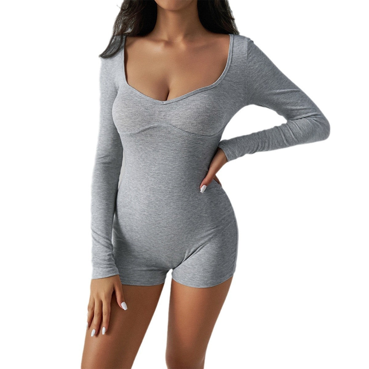 Back view of Casual Sports Style Skinny Yoga Clothes Women gray shorts