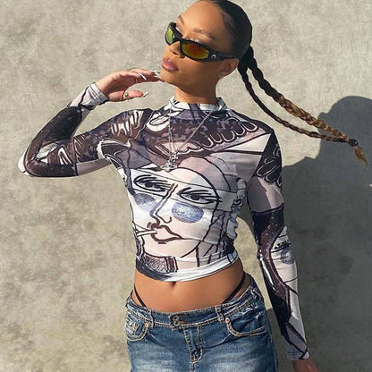 Sheer Mesh Round Neck Long Sleeve Slim-fit Top