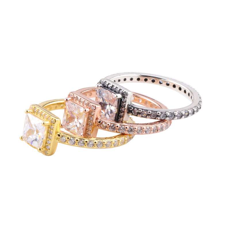White Copper Ring Female Panjia Square Zircon  Personality Creative Style