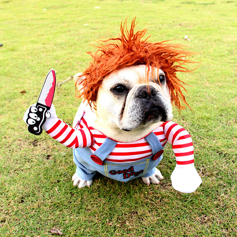 Funny Halloween Dog Costume featuring unique red design and accessories
