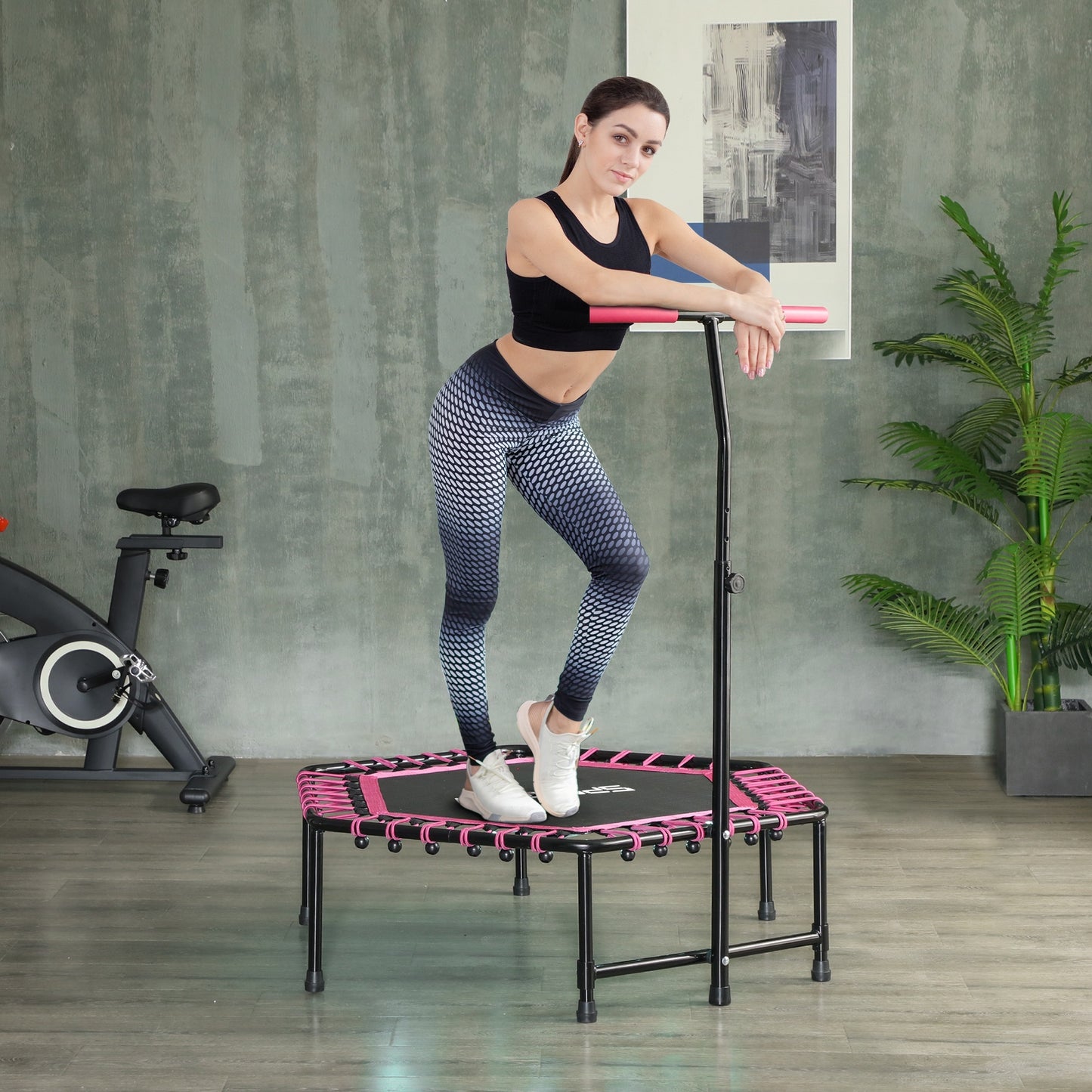 45 Rebounder Trampoline For Adults, Quiet Bungee Rebounder With LED Lights And Adjustable Handle, Pink