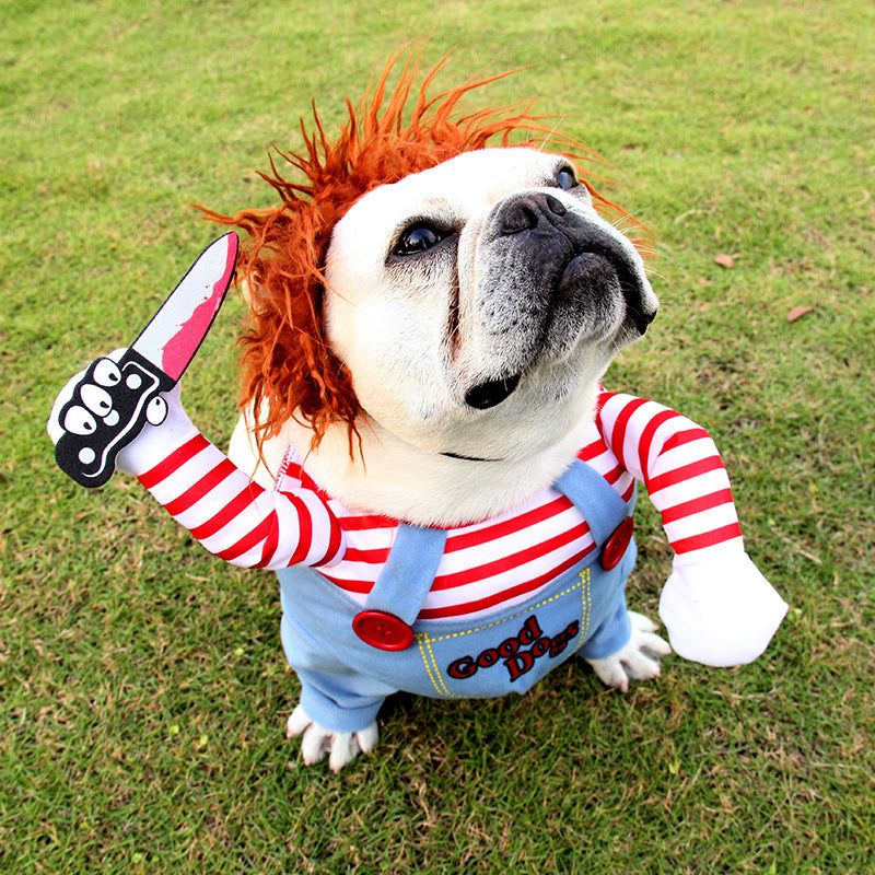 Funny Halloween Dog Costume with adjustable wig and foam knife