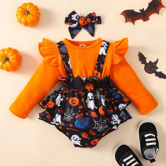 Halloween Flounced Sleeve Two-piece Round Neck Long-sleeved Triangle Romper