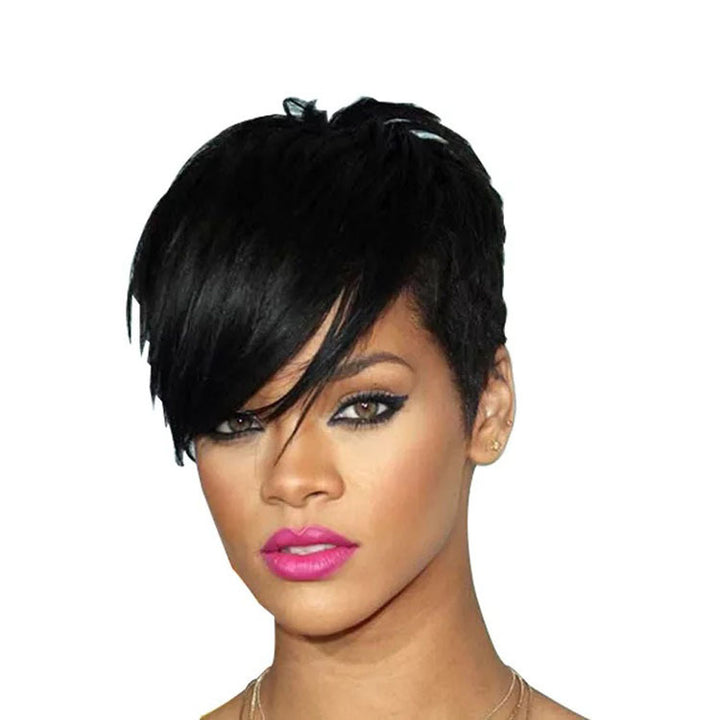 Stylish Short Human Hair Wig black natural look on mannequin