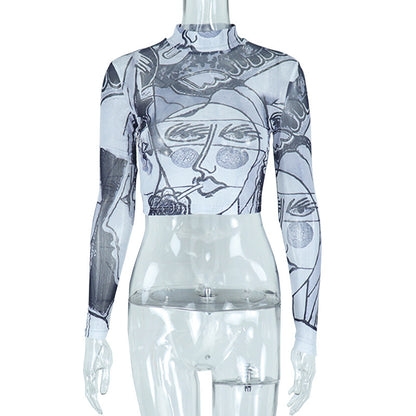 Sheer Mesh Round Neck Long Sleeve Slim-fit Top