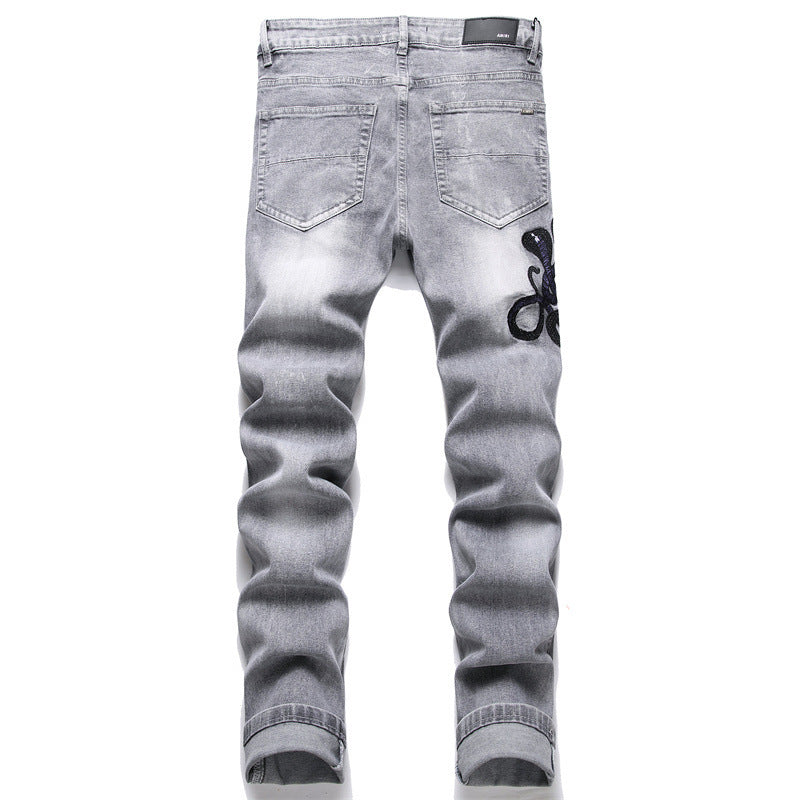 Gray Cobra Embroidered Jeans