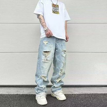 Water Washed Hole Retro Street Wide Leg Jeans