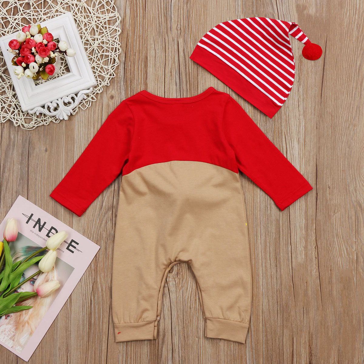 Christmas Deer Romper holiday outfit displayed flat
