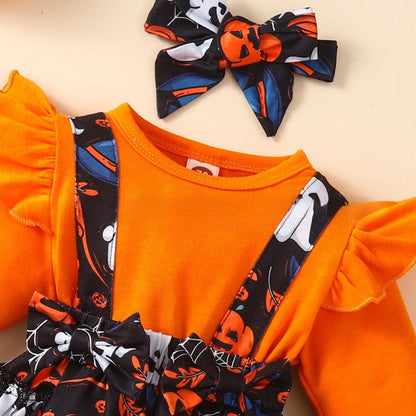 Halloween Flounced Sleeve Two-piece Round Neck Long-sleeved Triangle Romper