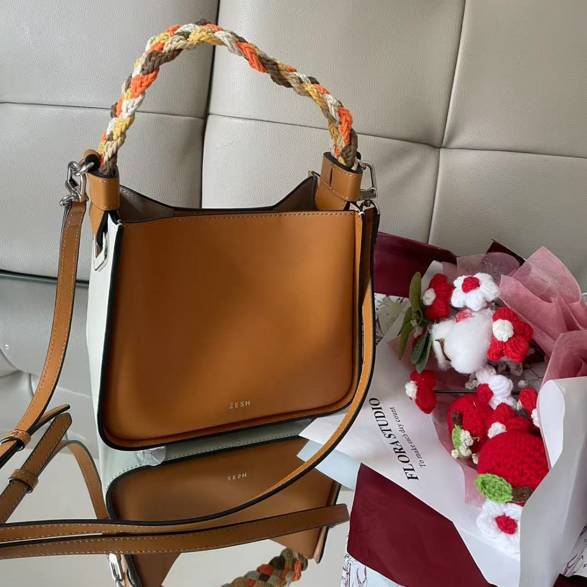 Cowhide Small Square Bag Crossbody Handbag