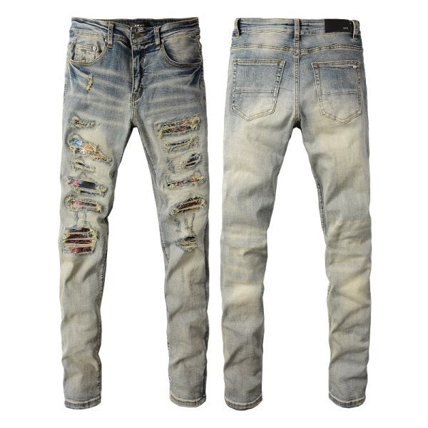 Ripped Cat Beard Patch Printed Jeans
