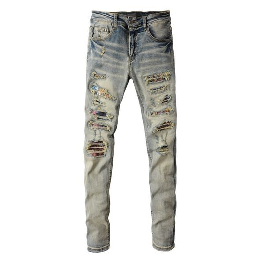 Meigao Street Vintage Crumpled Ripped Cat Beard Patch Printed Jeans Men