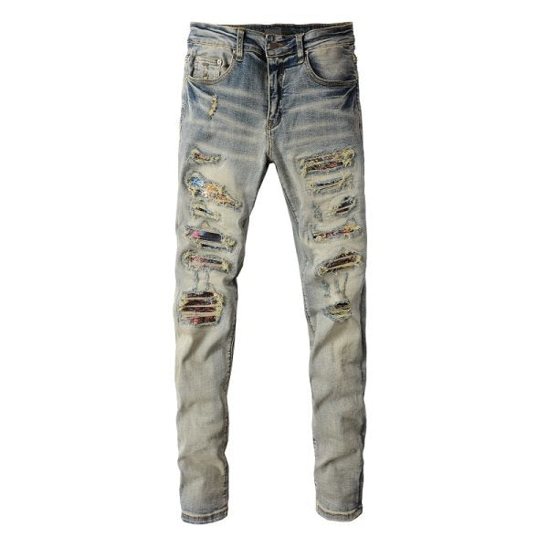 Ripped Cat Beard Patch Printed Jeans