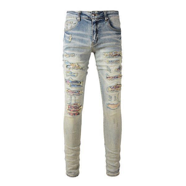 Ripped Cat Beard Patch Printed Jeans
