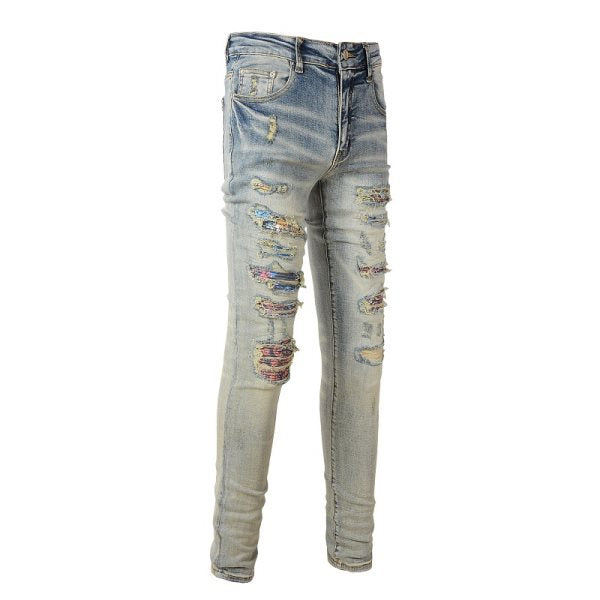 Ripped Cat Beard Patch Printed Jeans