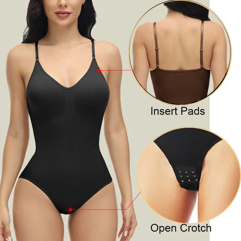 V Neck Spaghetti Strap Compression Bodysuits