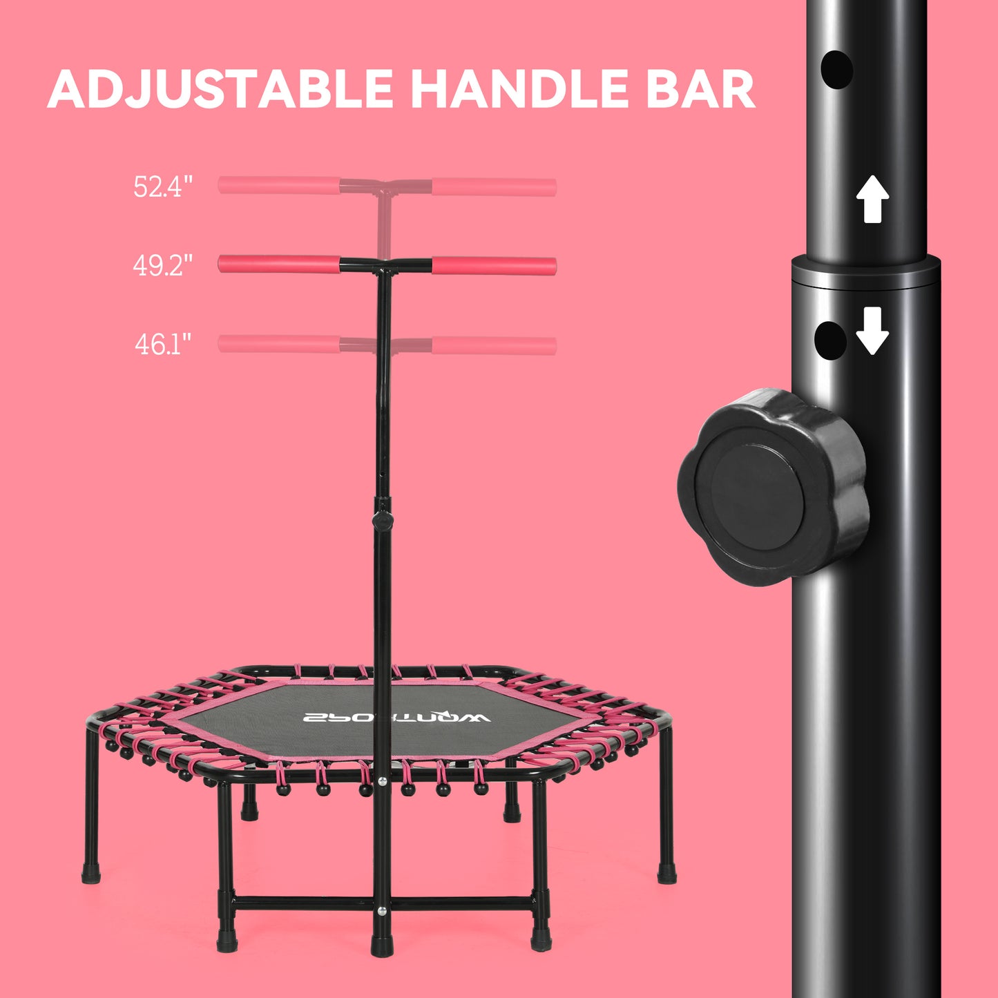 45 Rebounder Trampoline For Adults, Quiet Bungee Rebounder With LED Lights And Adjustable Handle, Pink