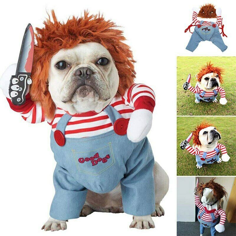 Funny Halloween Dog Costume with adjustable wig and foam knife