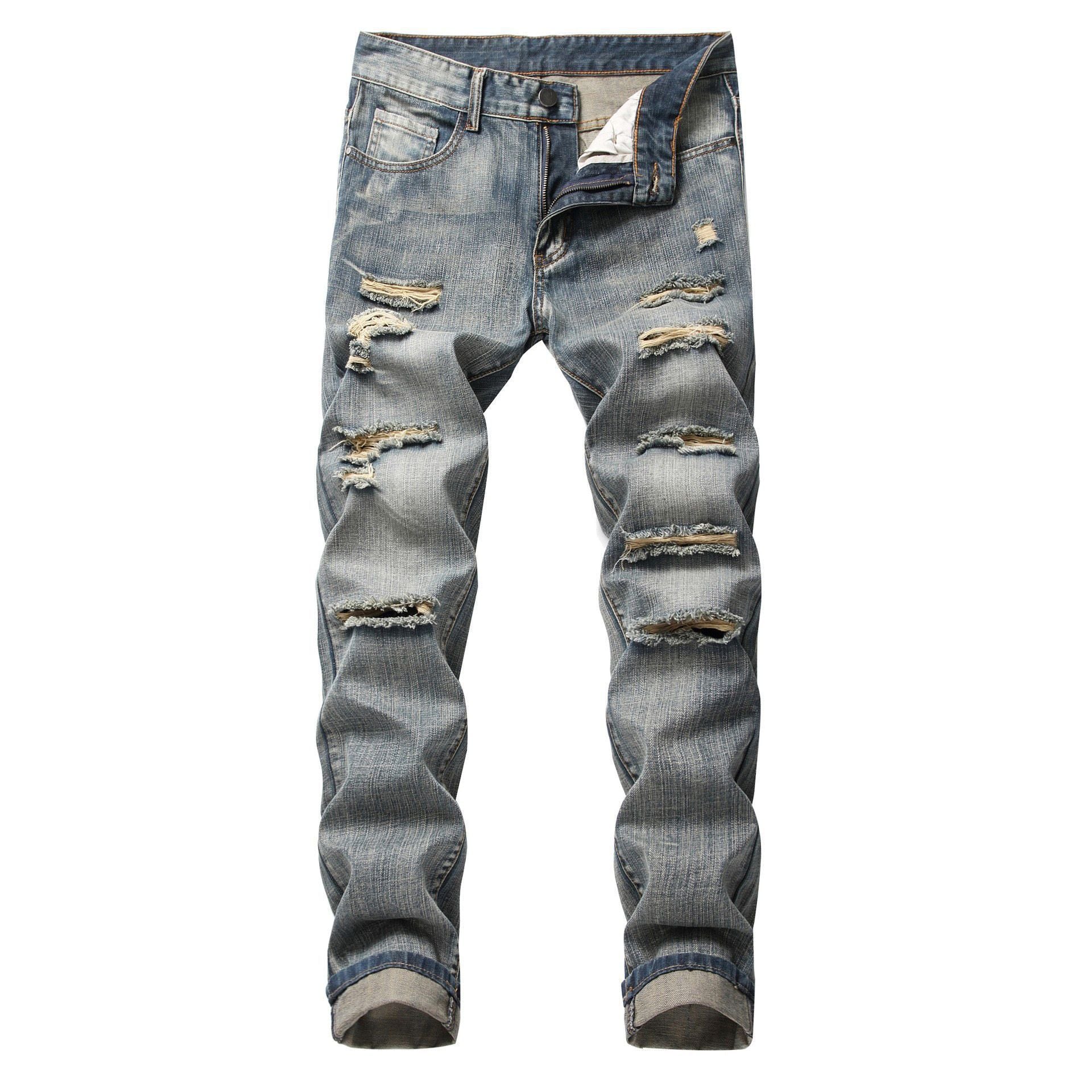 Ripped Straight Slim Fit Non-stretch Jeans