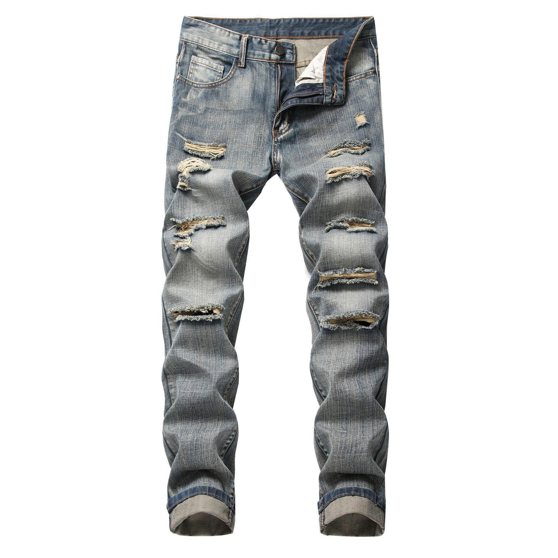 Ripped Straight Slim Fit Non-stretch Jeans