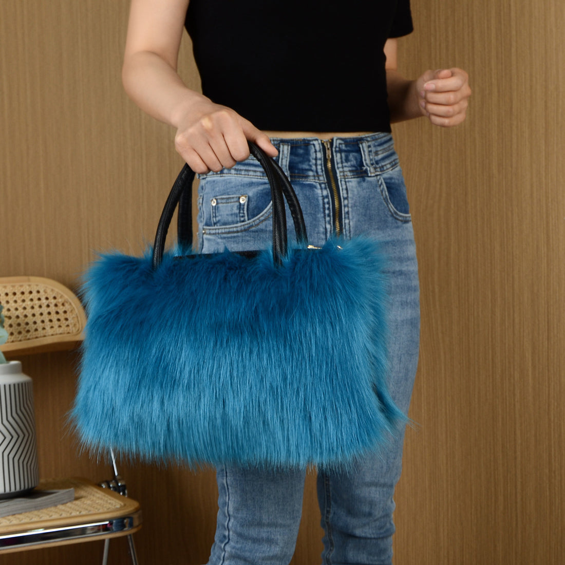 High-end Hand-carrying Square Plush Bag Fur Raccoon Fur Handbag Large Capacity