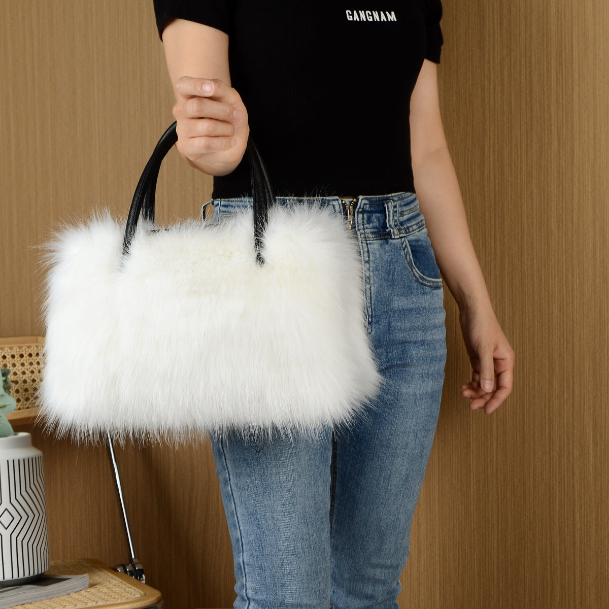 High-end Hand-carrying Square Plush Bag Fur Raccoon Fur Handbag Large Capacity
