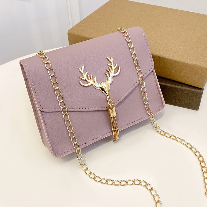 Tassel Deer Head Contrast Color Chain Small Square Leisure Phone Bag