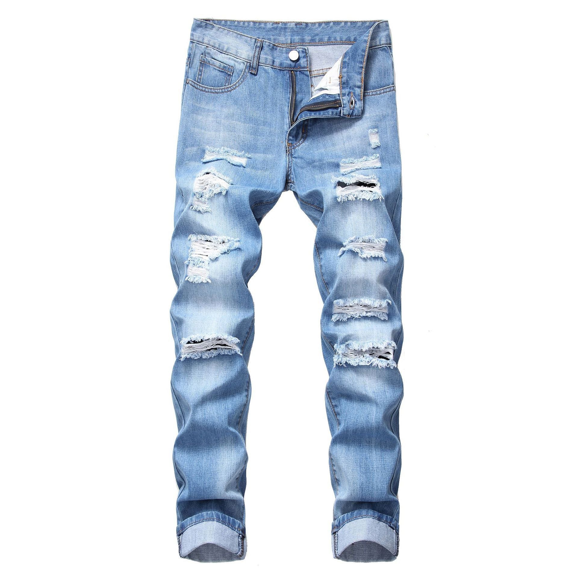 Ripped Straight Slim Fit Non-stretch Jeans